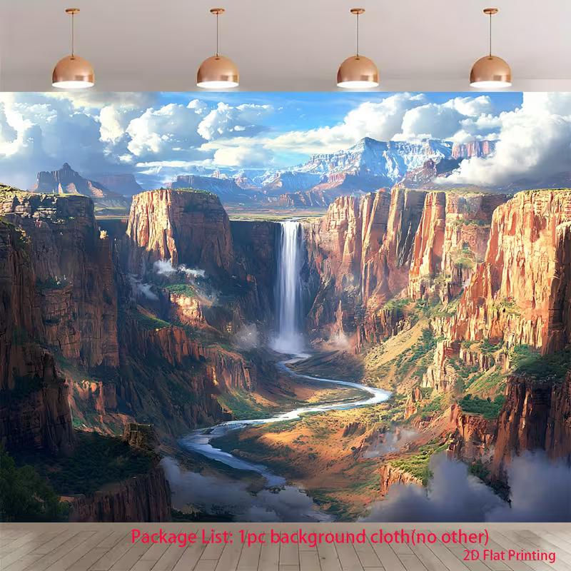 

2D Western Themed Backdrop, Grand Canyon Waterfall & Snowy Mountains Banner 47.2x31.5inch/120*80cm
