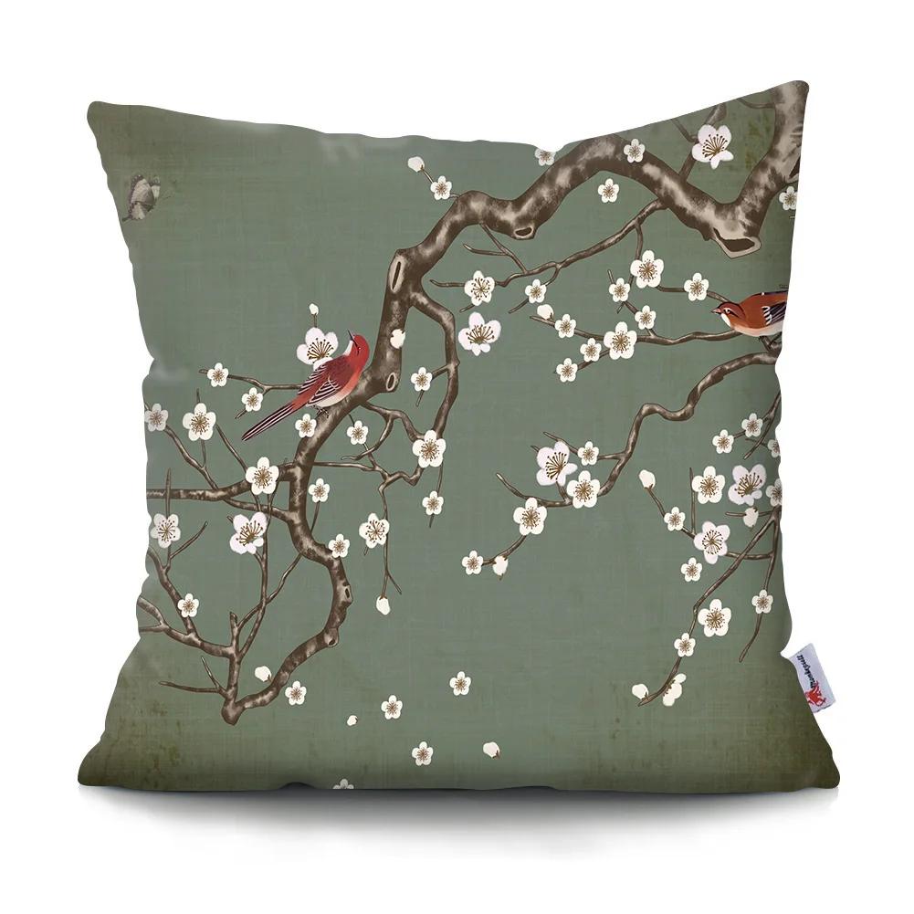 Federa Cuscino Pittura Paesaggistica Cinese Fiori di Prugno Retrò Poliestere Stampato Federa Cuscino Decorazione per la Casa