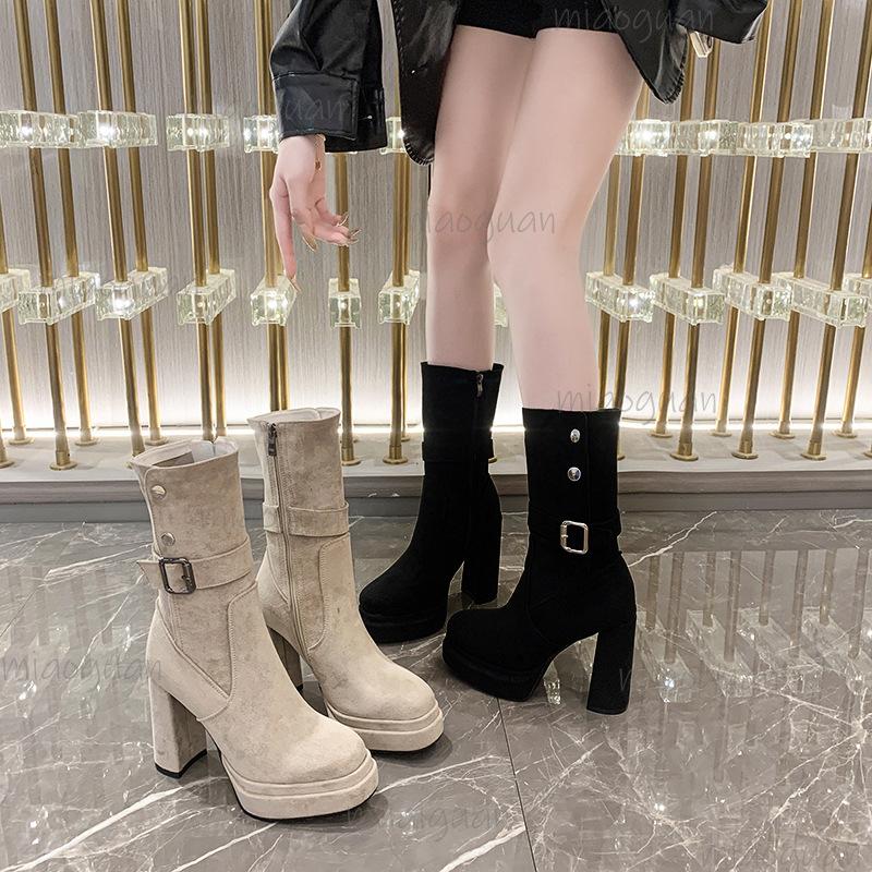 Vintage Platform Thick High Heel Women Mid-Calf Boots Fashion Slip On Autumn Winter Female Western Short Booties Botas De Mujer