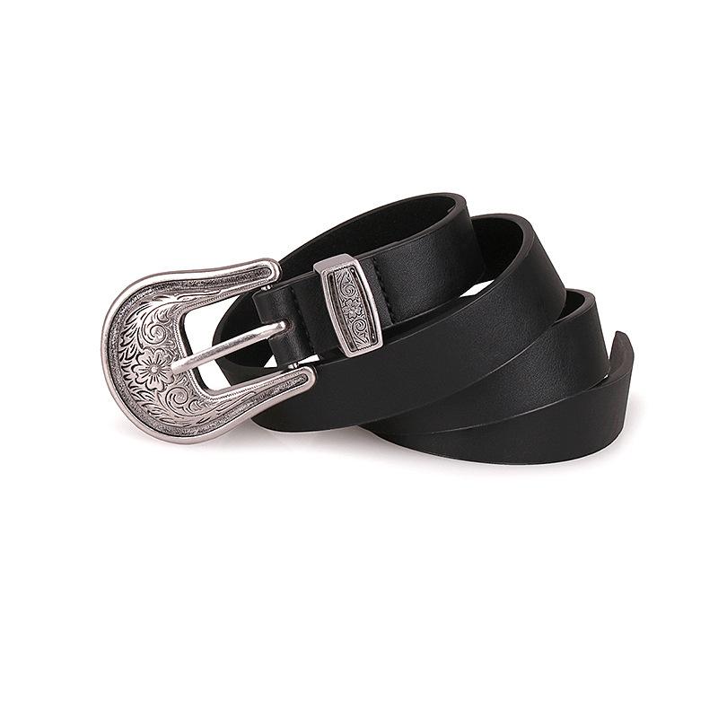New European and American Western Buckles Ancient Silver Carved Retro Pin Buckle Versatile Women's Belt Black Accessories Belt