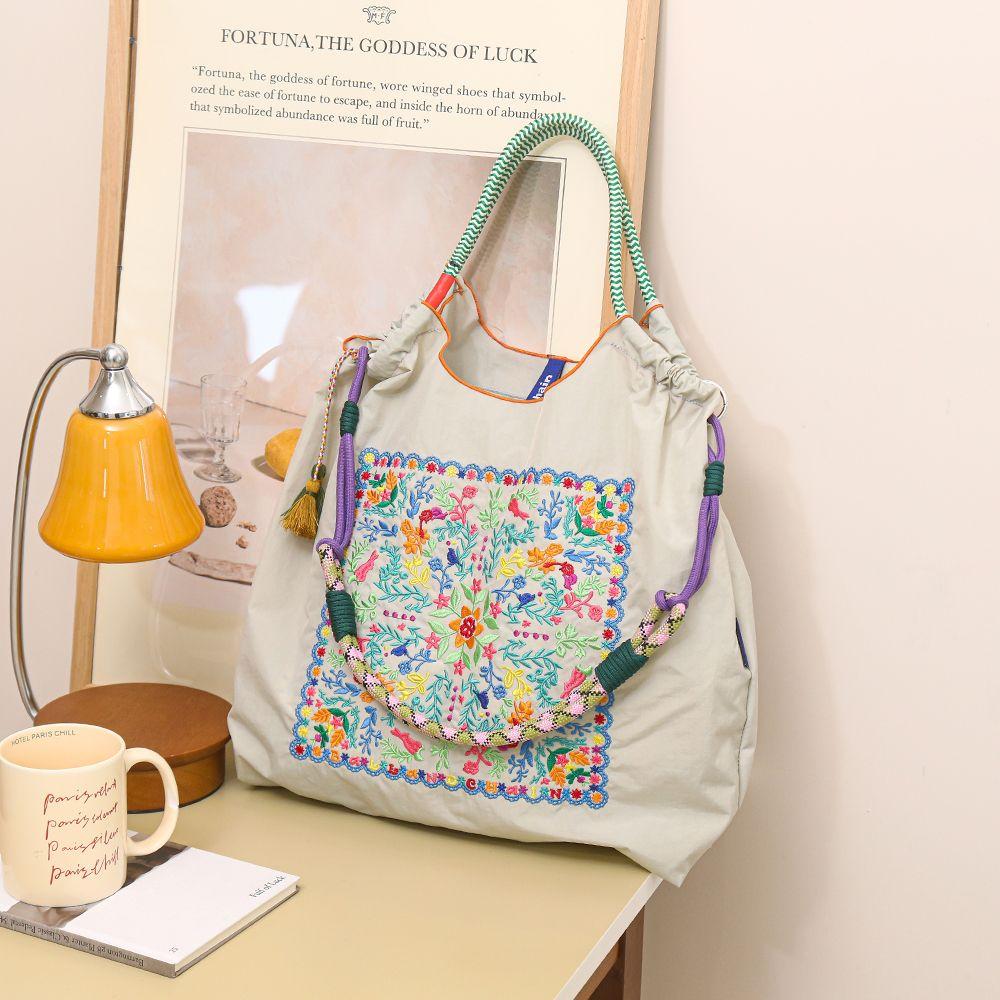 Japanese-Style Spring/Summer Embroidered Eco Shopping Bag for Women - Large Capacity Shoulder/Handheld/Crossbody Tote