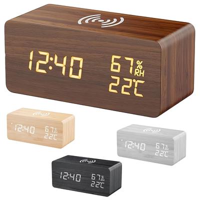 Alarm Clock Desk Tabletop Digital Multifunction Wood Grain Design USB Powered Stylish Wooden Temperature Humidity Meter Voice Sensor 3-level 3 Sets