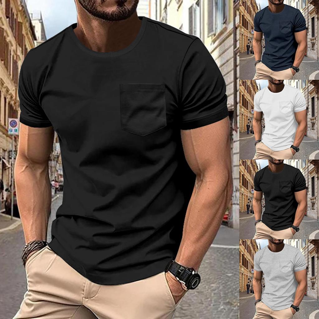 Men's Solid Color T-Shirt Men's Fashion Casual Pocket Round Neck T-Shirt