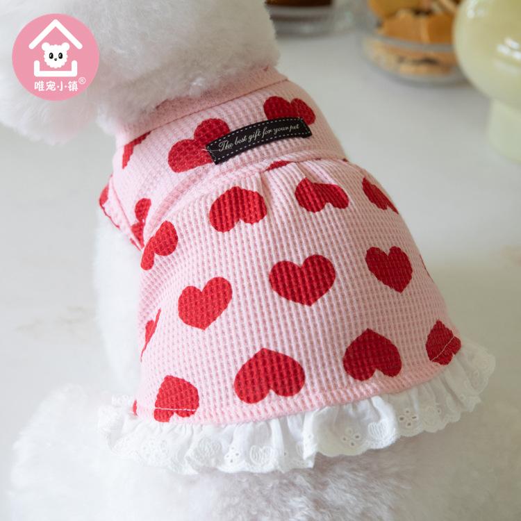 Autumn Winter Love Waffle Tank Top Skirt Dog Dress Home Cute Pet Clothes Teddy Bichons Puppy Clothes Dog Dresses for Small Dogs