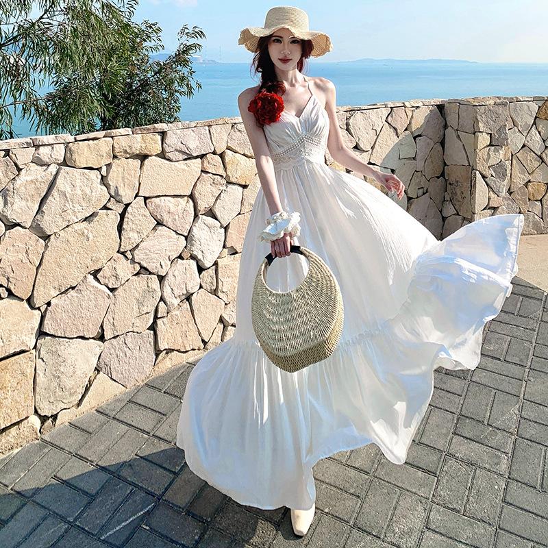 French White Moonlight Neck Halter Dress Sexy Pure Desire Style White Temperament Atmosphere Vacation Beach Dress