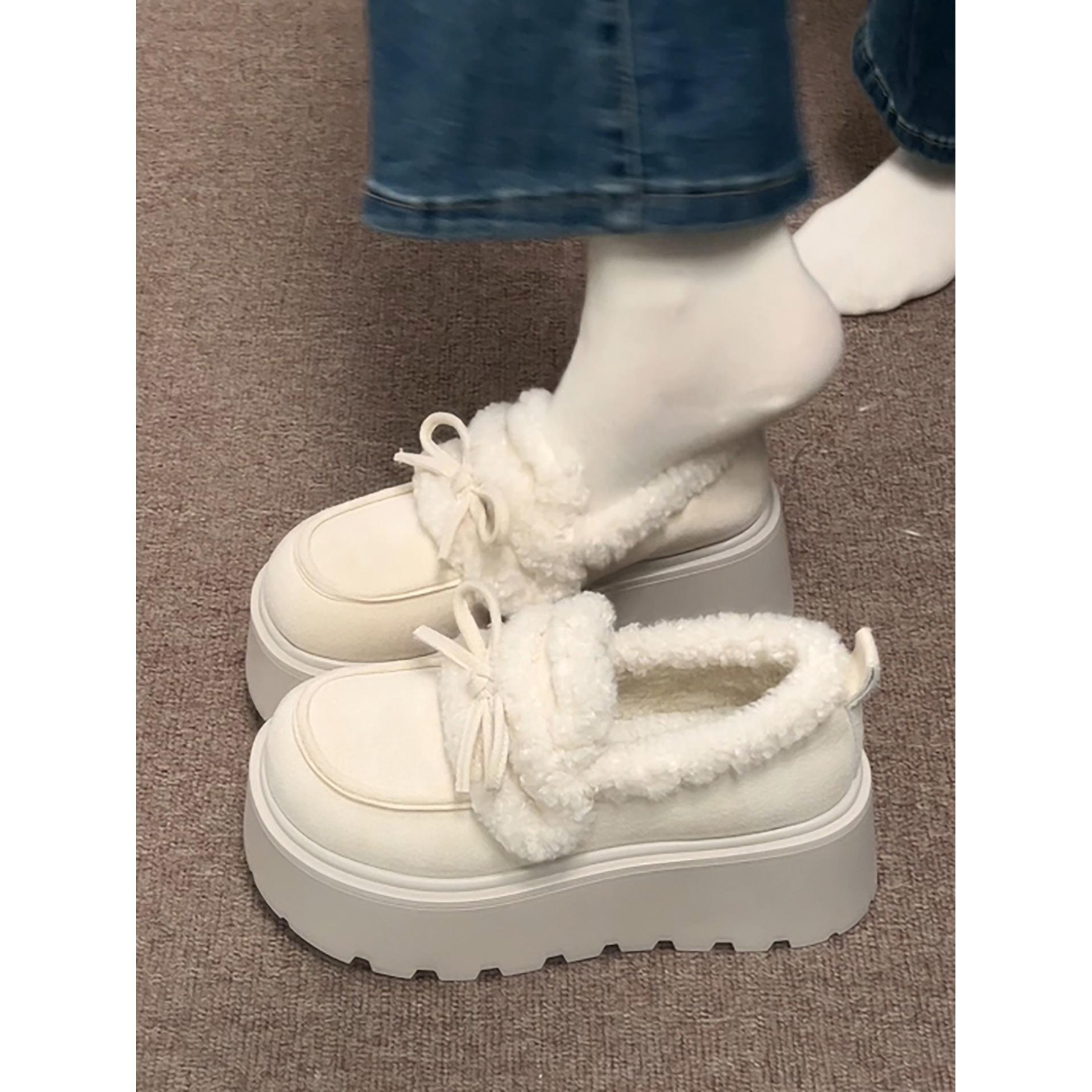 White velvet thickened thick-soled snow cotton shoes, non-slip and warm Birkenstocks for winter wear 35