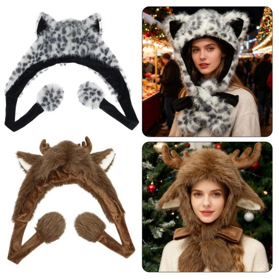 Winter Hat with Ear Flap Scarf Cartoon Deer Design Thickened Plush Ear Protection Hat Skiing Camping Travel Headwear