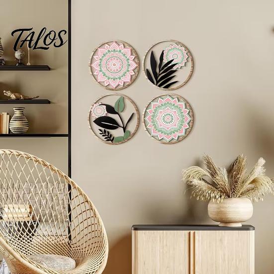 Decorative Wall Art for Bedroom 4Pcs Boho Decor, Floral Round Wooden Geometric Rustic Botanical Art, Farmhouse Aesthetic Hanging Ornaments Living Room