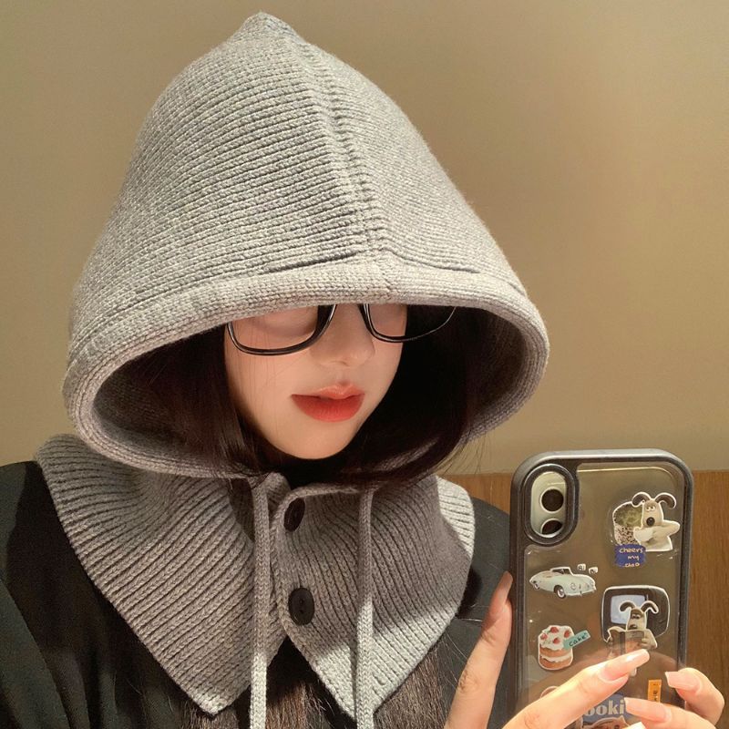 Winter Balaclava Hats Knitted Hooded Caps Women Korean Style Outdoor Warmer Drawstring Hats One-piece Neck Collar Beanies Cap