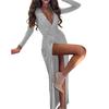 Deep V-Neck Long Sleeve Maxi Dress Slim Fit High Split Glitter Wrap Party Dress for Bar