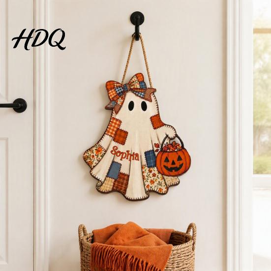 Unique Halloween Souvenir Gifts Wooden Patchwork Ghost Pendant Vintage Autumn Harvest Hanging Sign Cute Door Sign Pendant with Rope for Home