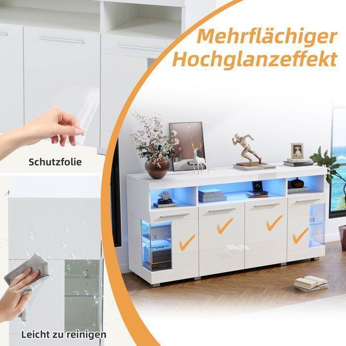 Modern Buffet, LED Illuminated Sideboard, Glass Sideboard, Living Room Buffet with 4 Doors 3 Compartments, Kitchen Cabinet,