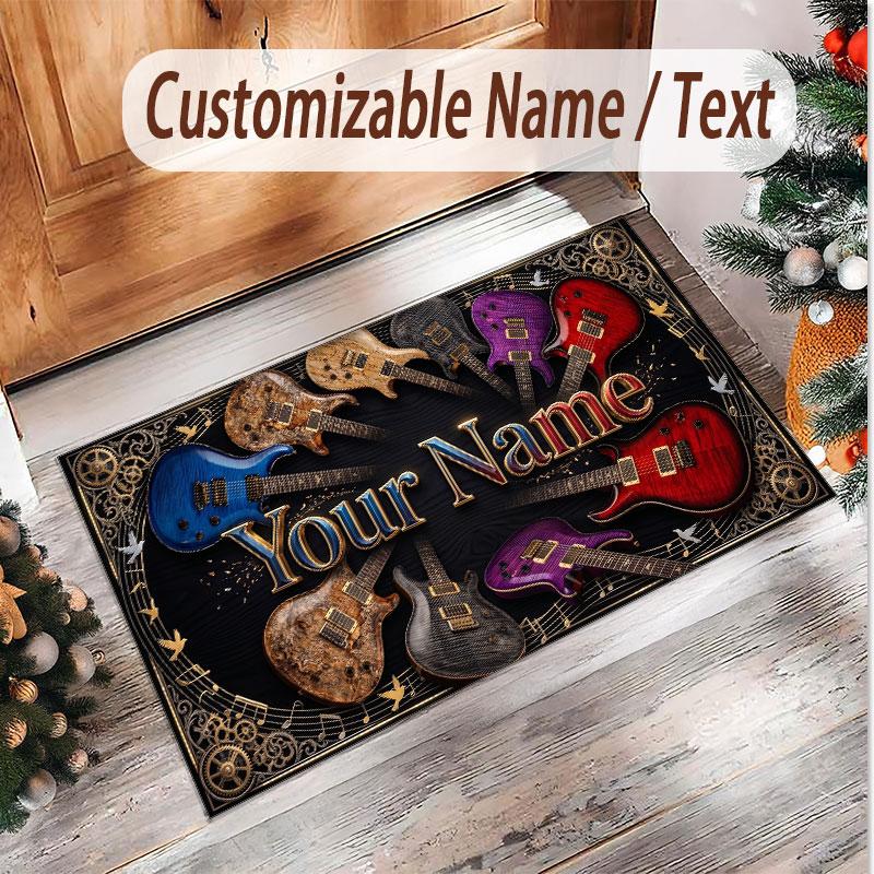 Music Guitar Theme Soft Crystal Velvet Rug Custom Name & Text Print Non Slip Floor Rug for Bedroom Living Room
