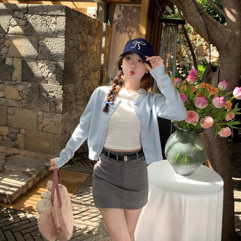 New knitted cardigan women's bow embroidered long-sleeved short jacket casual spring and summer wear thin versatile top