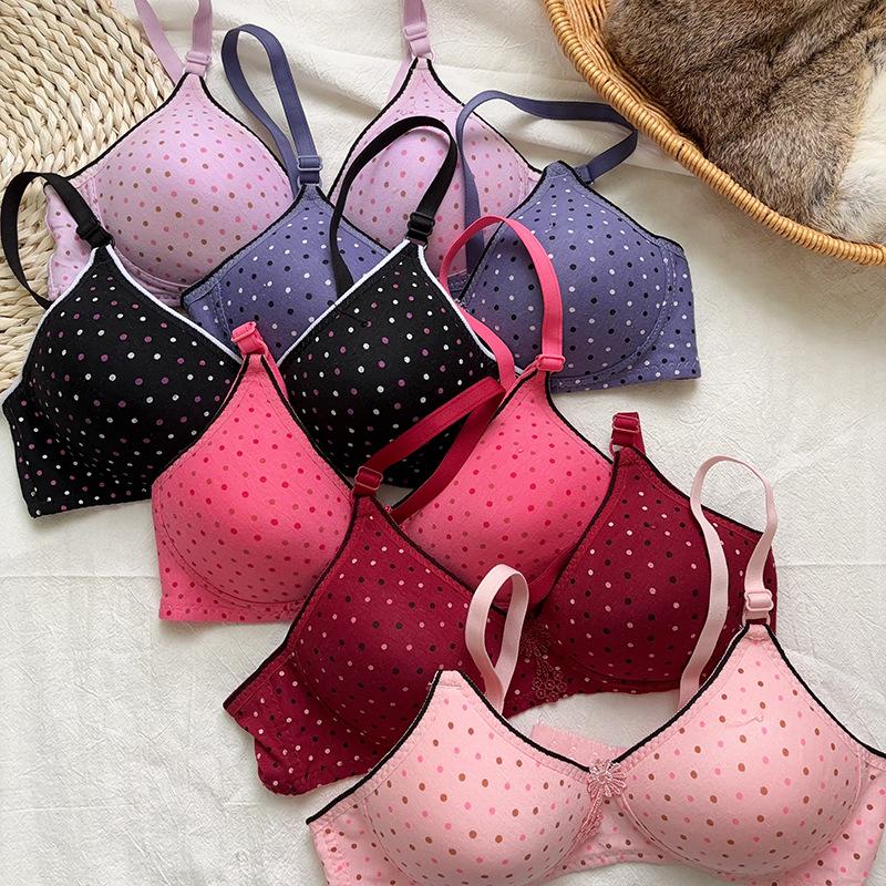 Polka Dot Wireless Push-up Bra - Women's Comfort with Two Rows of Hooks