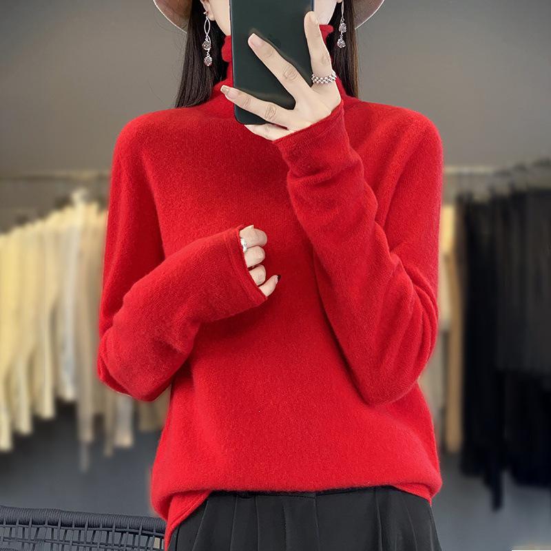 Women's Plus Size Mock Neck Wool Sweater: Soft, Skin-Friendly, Rolled Hem, Perfect for Autumn & Winter.