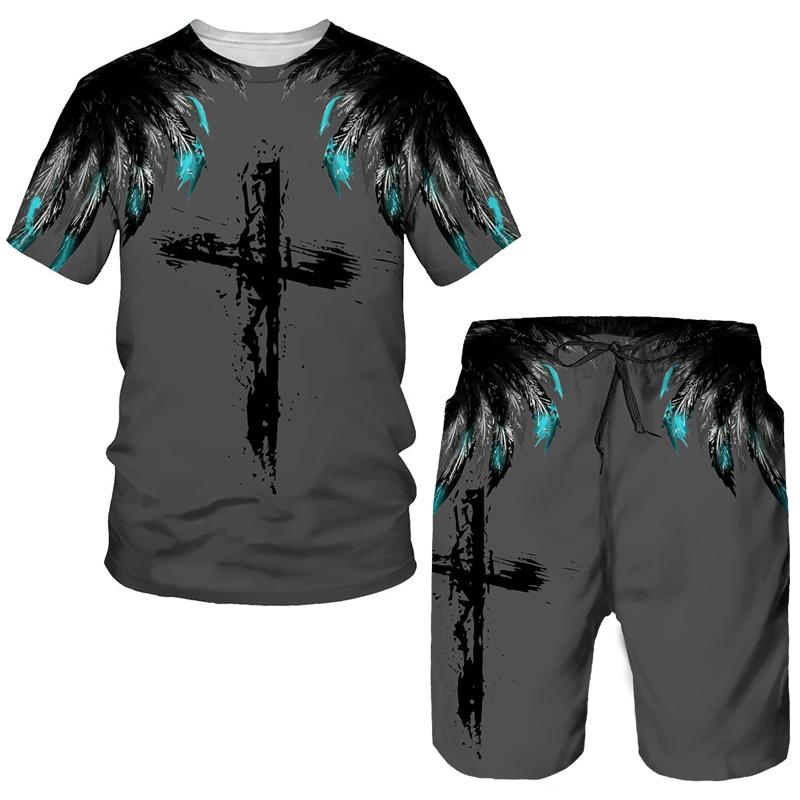 Herren Glaube Kreuz Farbverlaufsdruck T-Shirts/Shorts/Sets Christliche Bibel Glaube Jesus Gott T-Shirt Anzug Mode Streetwear Paar Outfits
