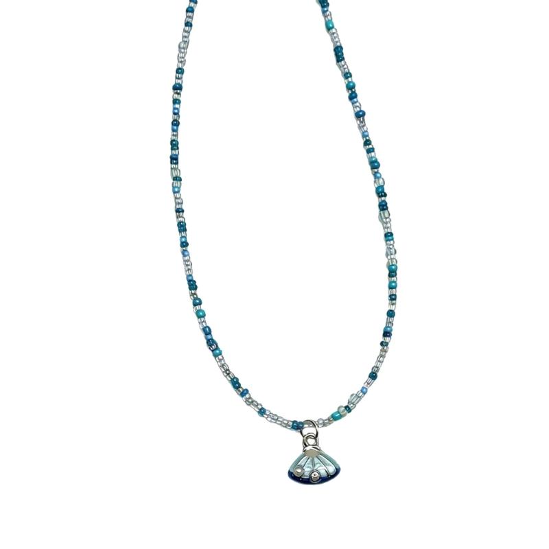 Unique Beach Style Beaded Necklace Blue Shell Pendant Detail Clavicle Chain Adjustable Length Neckchain