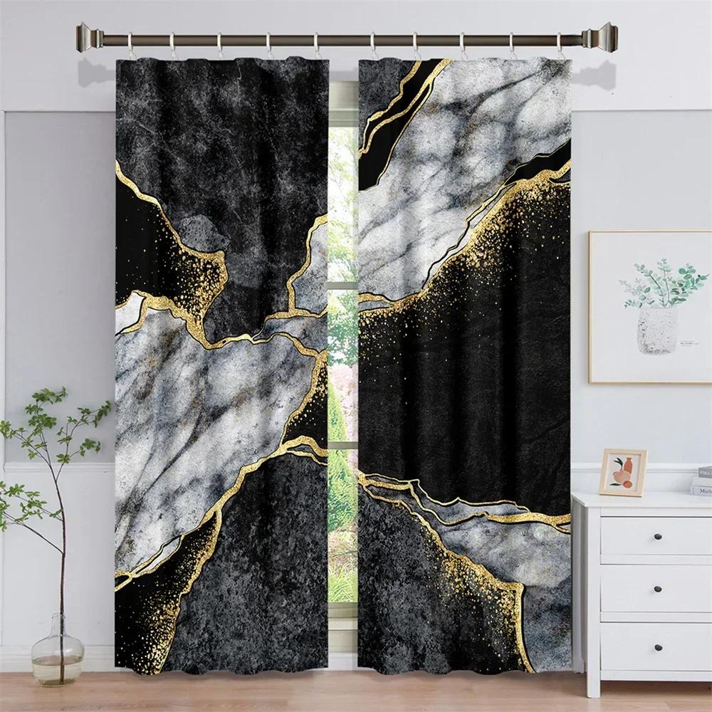 Luxury Abstract Art Marble Black Gold Free Shipping 2 Pieces Thin Shading Window Curtain for Home Living Room Bedroom Decor Hook