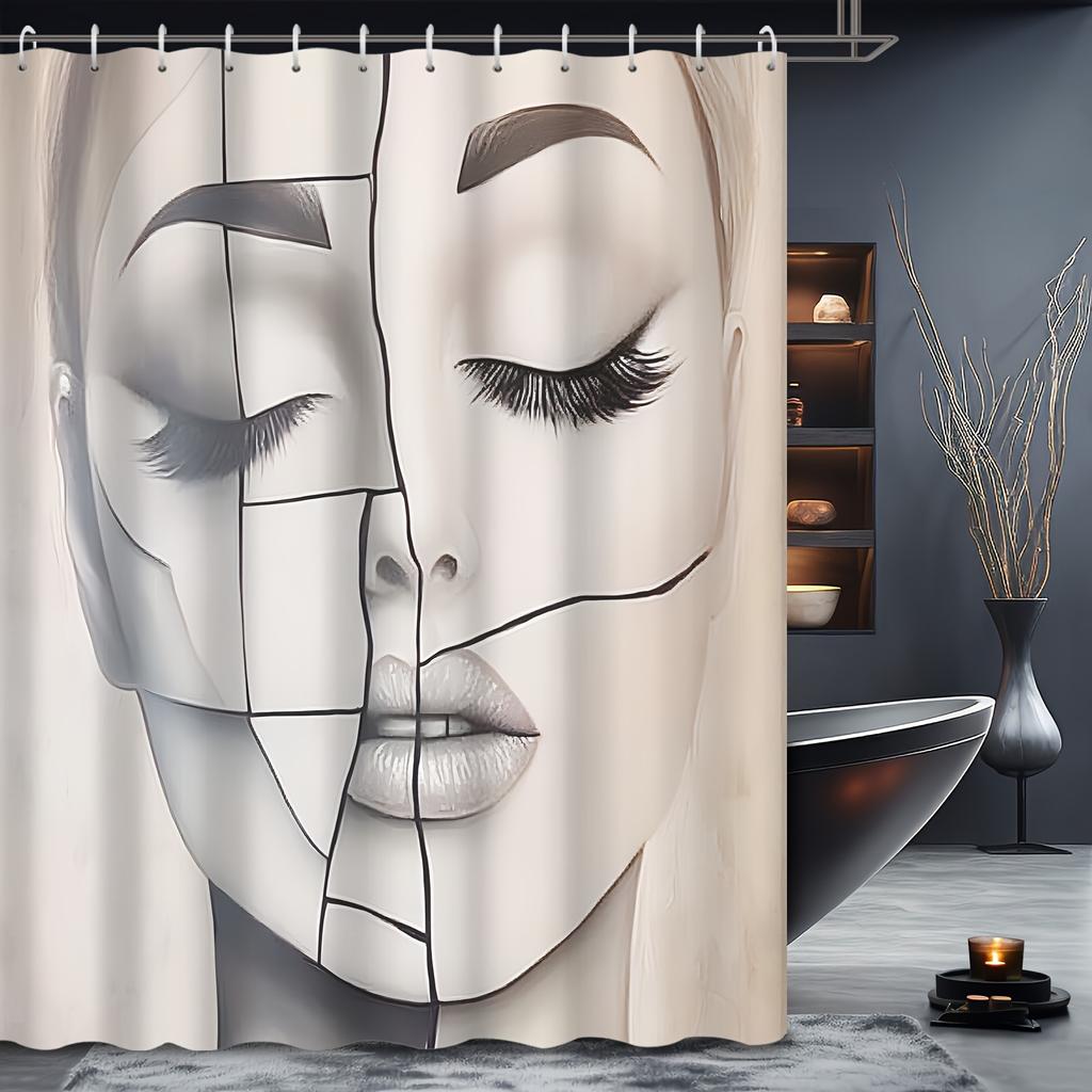 Abstract Art Shower Curtain - Polyester, Black & White Face, 12 Hooks, Machine Washable, Contemporary