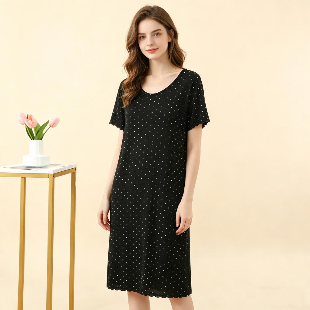 Damen Sommer Modal Pünktchen Rüschen Kurzarm Midi Kleid Übergröße Schmeichelnd Lockerer Schnitt Nachthemd Lässiges Nachthemd Loungewear Kleider