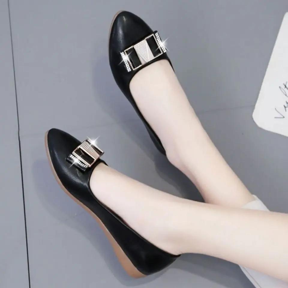 Fashion Black Moccasins Woman Flats Formal Metal Buckle Slip-on Single Shoe Comfortable and Elegant Wholesale Lastest 39 Shoes for Women