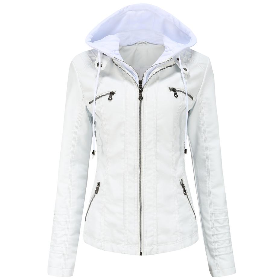 Kadın Çıkarılabilir Kapşonlu Suni Deri Ceket Motokros Racer Biker Çift Zip İnce PU Motosiklet Kısa Moto Ceket Klasik Bombacı Kabanlar S-4XL