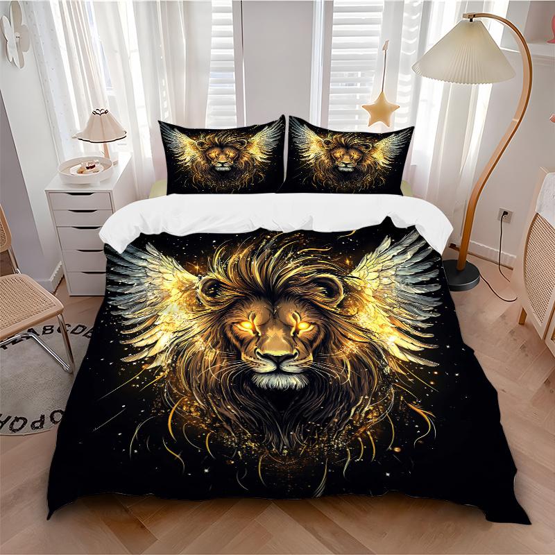 3pcs Golden Winged Lion Quilt Set Cartoon Themed Bed Quilt Set Lovely Character Bedroom Decor Bed Quilt Set Four Seasons (1 Cover + 2Pillowcase N