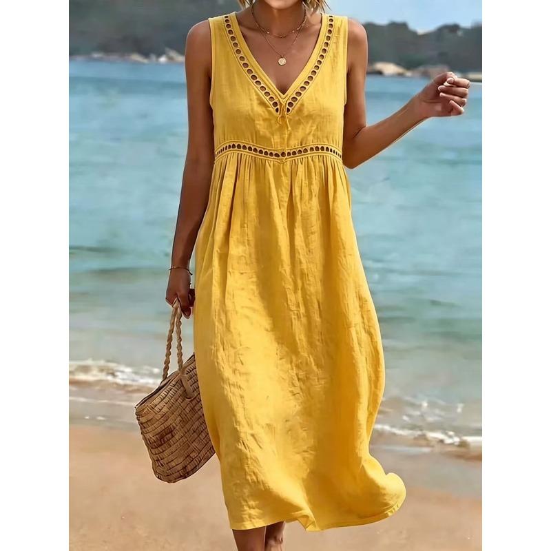 IHUASU Fashion Summer Spring Solid Color Print  V-Neck Sleeveless Casual Dresses