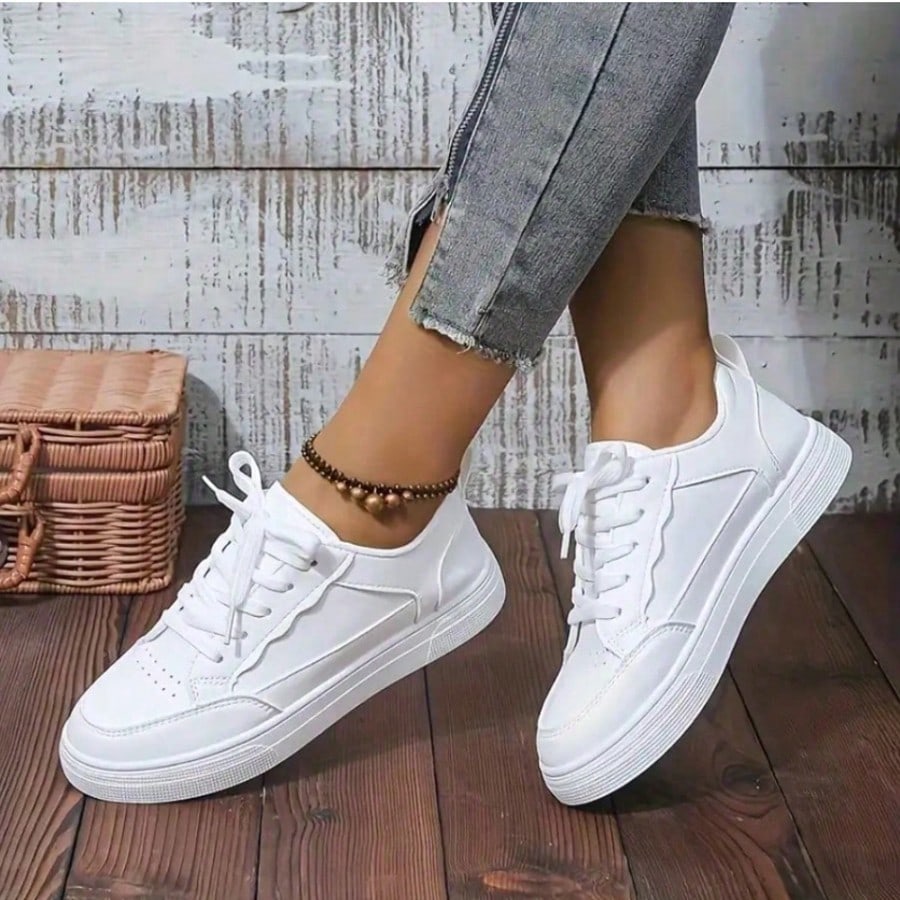 Women's/Men's All White Casual Sneakers, Breathable Lace-Up Platform Shoes, Fashion Daily Walking Sneakers for All Seasons