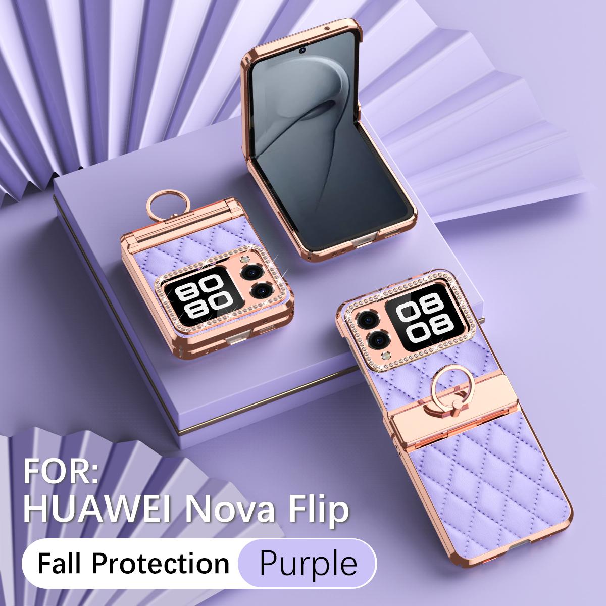 

Luxury Fashion Diamonds Leather Plating Ring Holder Phone Case For Huawei Nova Flip Hinge Full Protection Case Cover PC and Leather&vivo X Flip фіолетовий