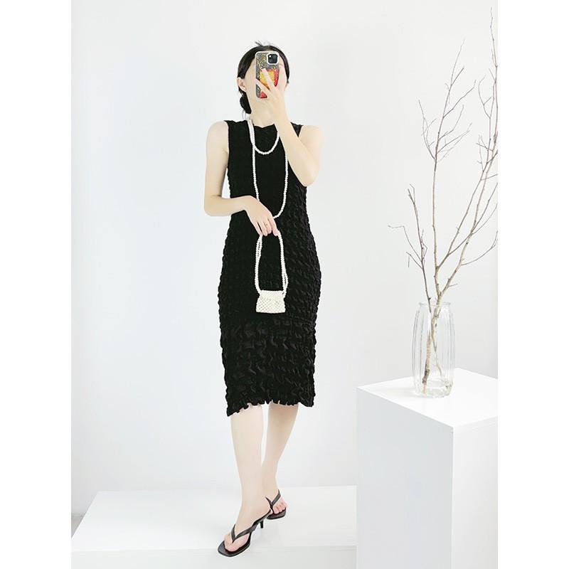 Miyake Pleated Midi Dress Women Sleeveless Round Neck High Waist Solid Color A-Line Casual Black