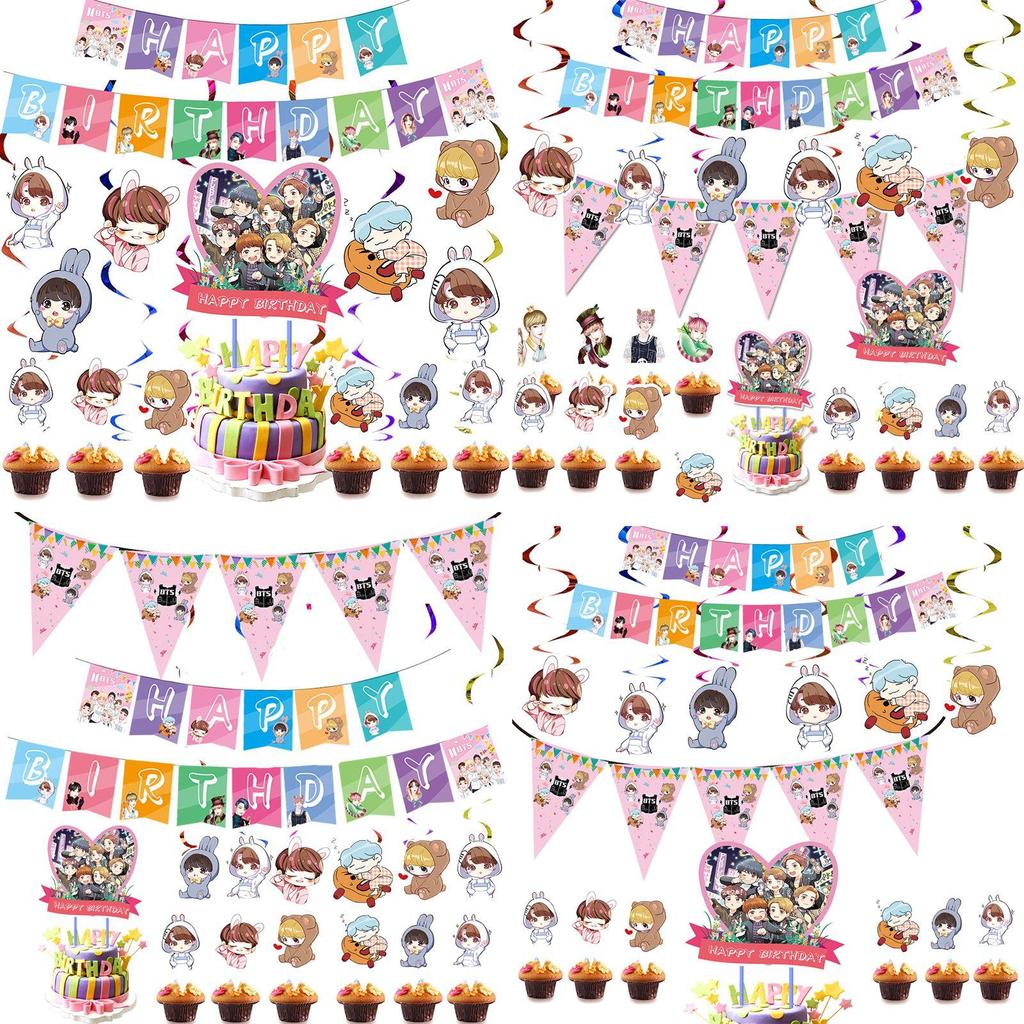 Fournitures de fête d'anniversaire festives sur le thème de BTS avec un cake topper coloré et des cupcake toppers joyeux