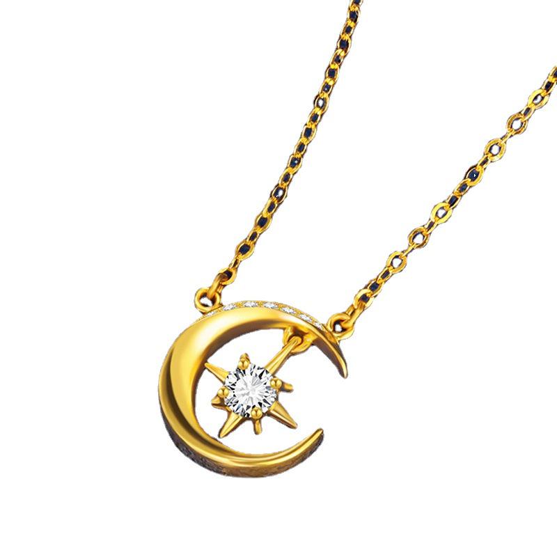 Vietnam Sand Gold Diamond Star & Moon Necklace – Gold-Plated Brass Pendant, Women's Minimalist Luxury Design