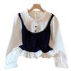 Women's 2025 Autumn Color Block Patchwork Faux Two-Piece Long-Sleeve Loose Petite Top
