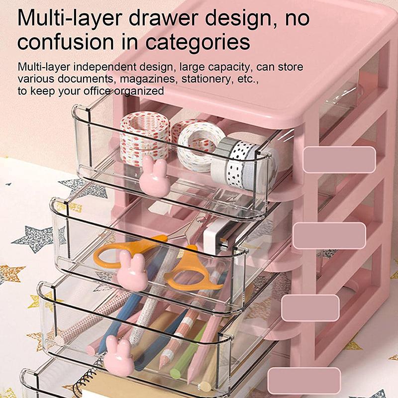 Cartoon Desktop Storage Box Transparent Pink Drawer Desk Plastic Mini Storage Box Rabbit Stationery Makeup Organizaation