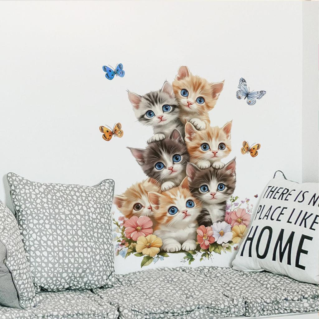 Cute Cat Flower Butterfly Wall Stickers for Home Decor, Bedroom Living Room Decoration