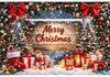 Merry Christmas Backdrop Rustic Wood Sign Red Bows Pine Garland Trees Gifts Lantern Snow Winter Photography Background Decor