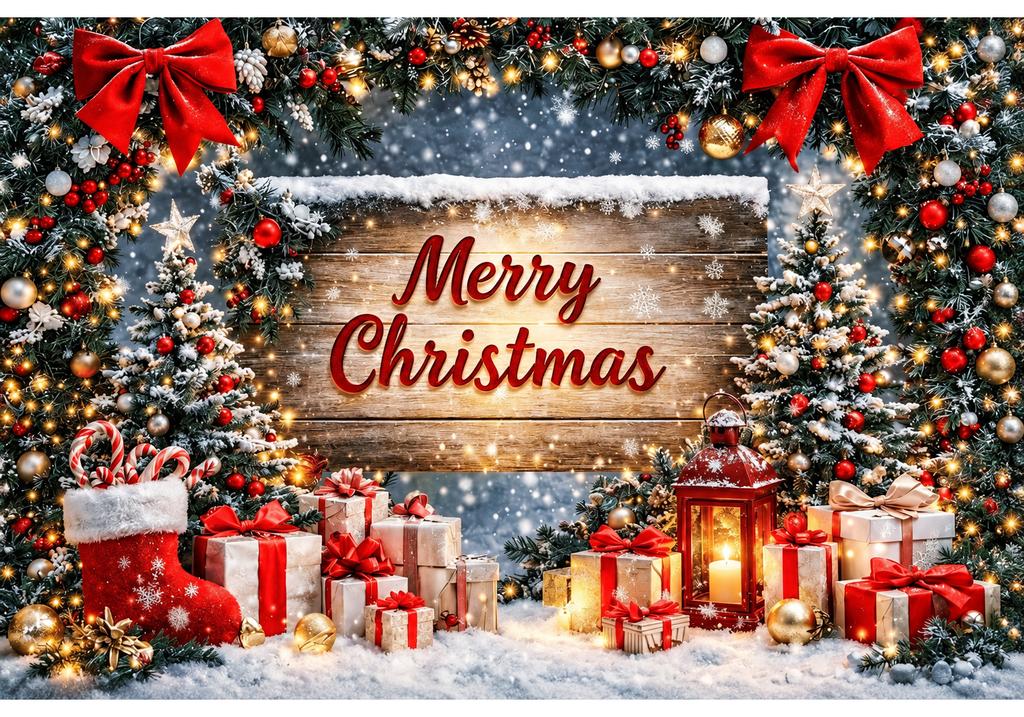 Merry Christmas Backdrop Rustic Wood Sign Red Bows Pine Garland Trees Gifts Lantern Snow Winter Photography Background Decor