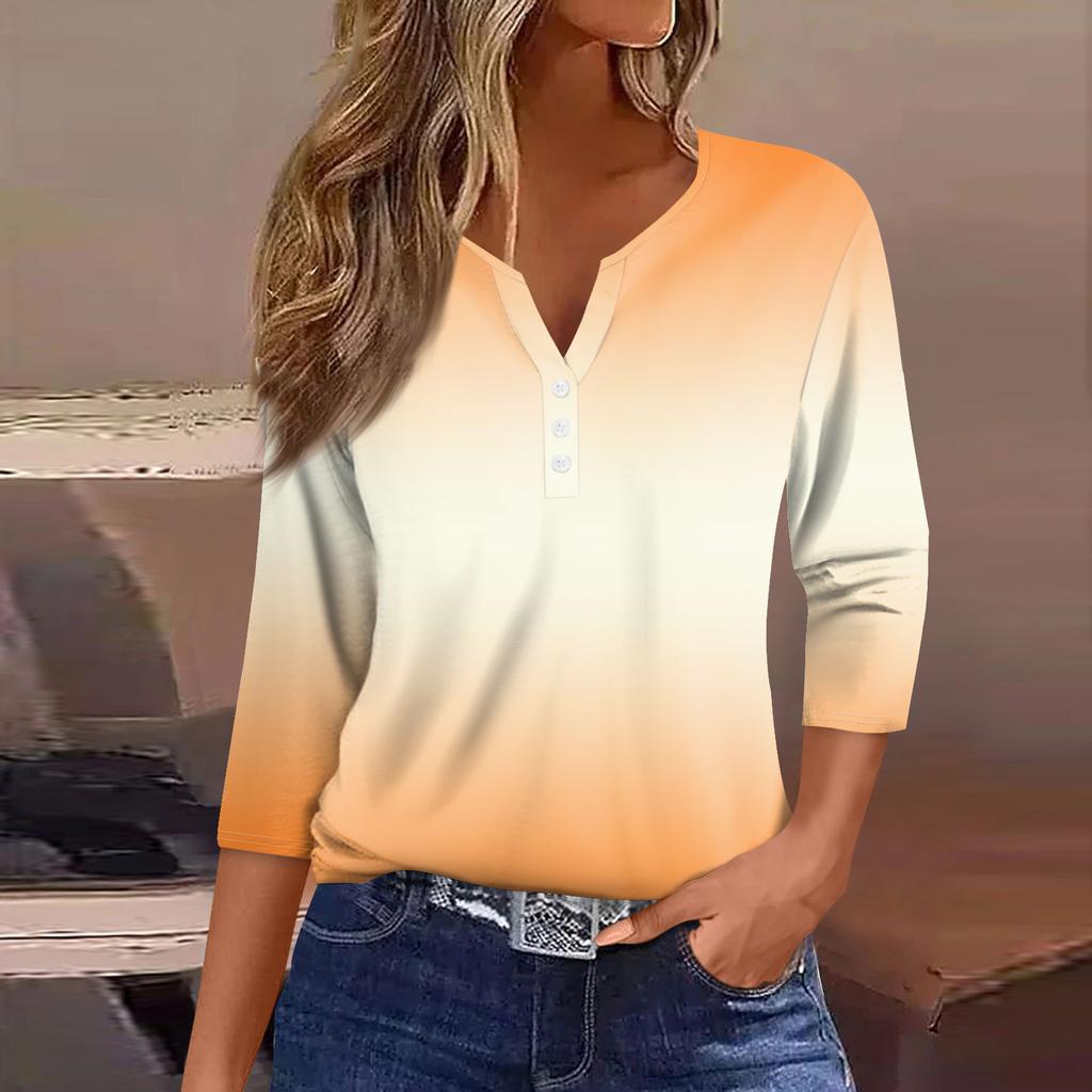 Women's Fashion Casual Printed V-Neck Seven Sleeve Button Down T-Shirt Top