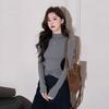 Autumn/Winter 2025 Women's Slim Fit Color Block T-Shirt with Half-High Collar and Waist-Cinched Design