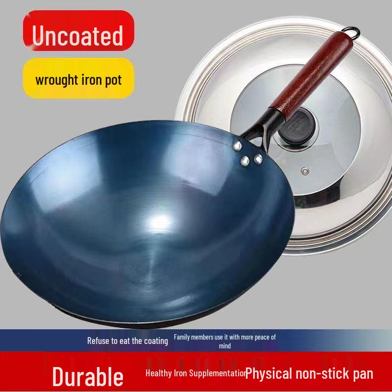 Handmade Non-Stick Iron Wok: Pre-Seasoned, Thickened, Uncoated, Ready for Cooking