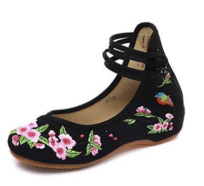 Donalee Women's Chinese-style Flat Shoes with Floral Embroidery and Heels (Size 23cm/36, Black)