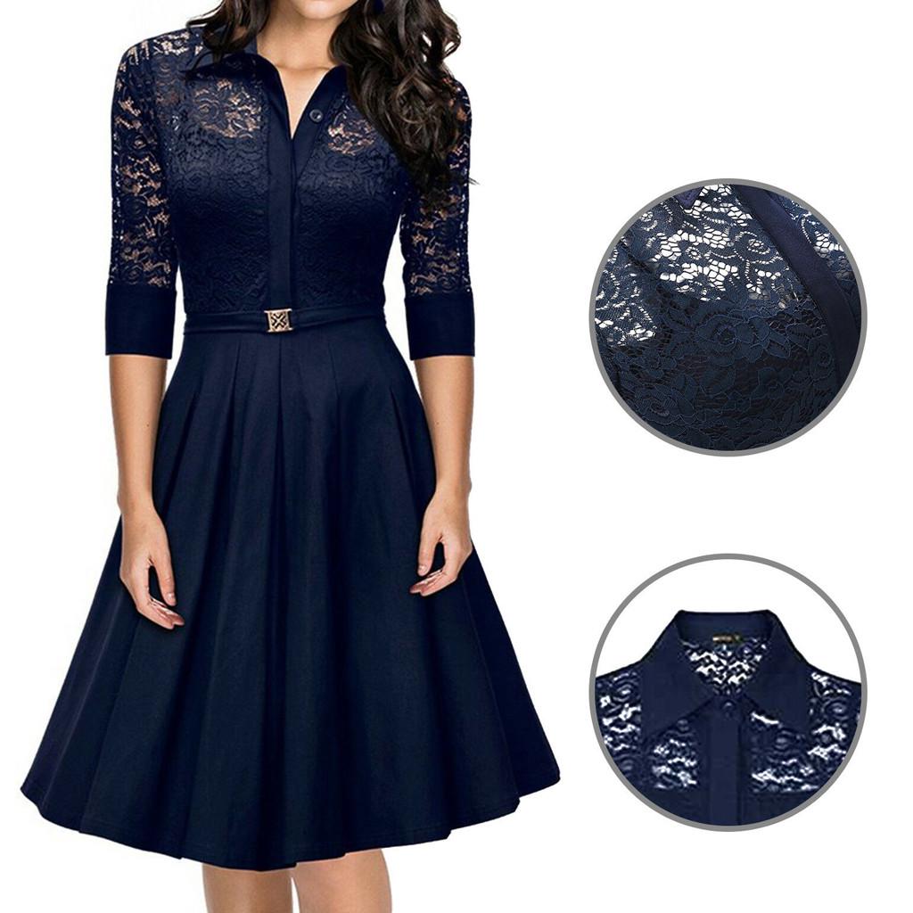 Plus Size Women Lace Long Sleeve Midi Dress Ladies Cocktail Evening Party Dress