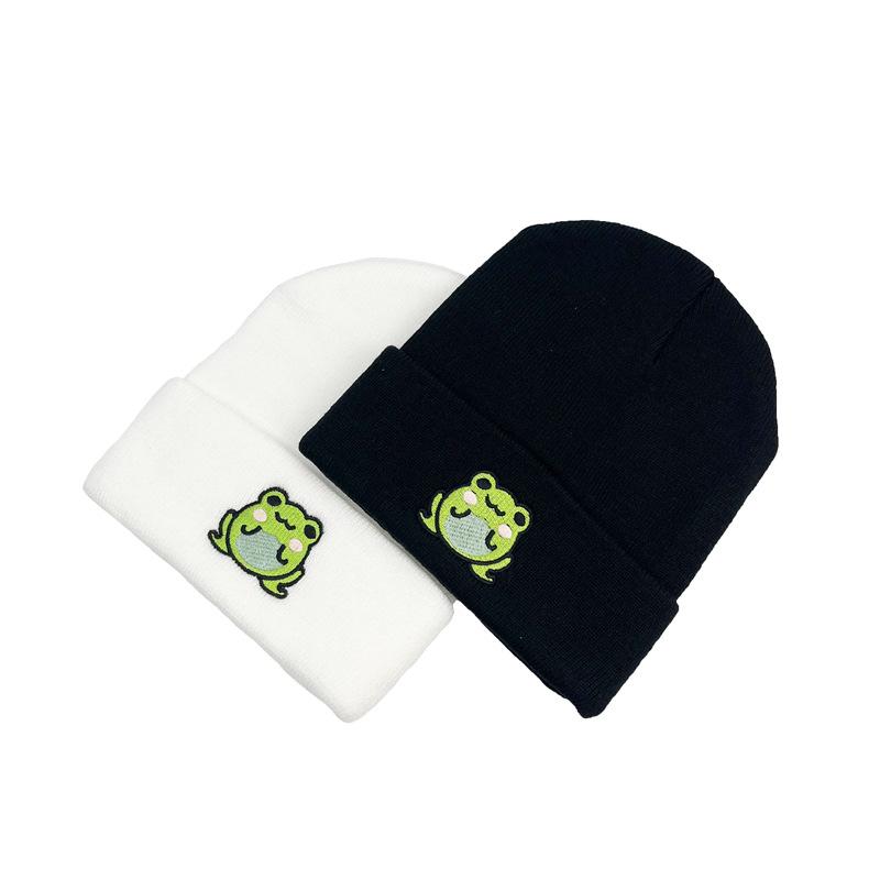 Unisex Cute Cartoon Frog Embroidery Jacquard Knitted Acrylic Common Hat for Adults-Student Pullover Warm Cold Weather