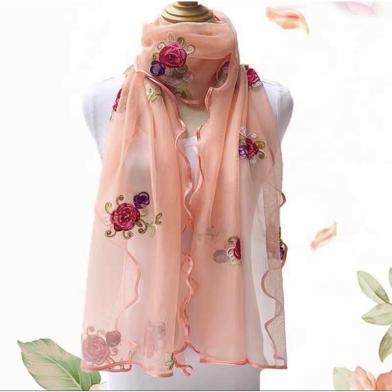 Schal mit Rüschen und Blumenstickerei, elegant, einfarbig, atmungsaktiv, Schal für Damen, Kopftuch, winddicht, Hijab, Turban, Reise-/Strandtuch