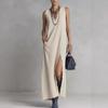 Women's V Neck Maxi Dress Sleeveless Side Slit Pockets Loose Fit Casual Long Dress