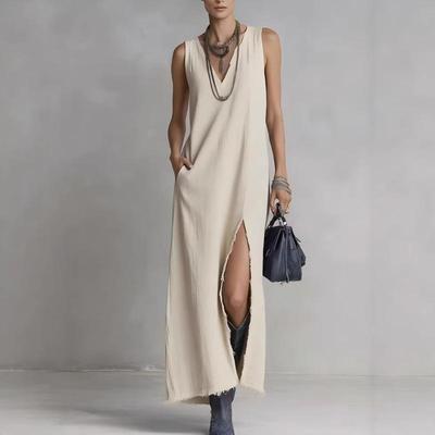 Women's V Neck Maxi Dress Sleeveless Side Slit Pockets Loose Fit Casual Long Dress