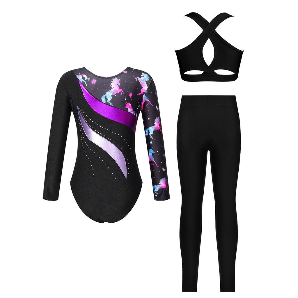 3-teiliges Turnset für Mädchen: Langärmliger Metallic-Patchwork-Turnanzug mit gekreuztem Rückenteil und Leggings