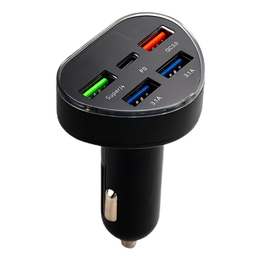 Car Charger 66W Output Fast Charging Adapter PD QC3.0 5 Port 4 USB + 1 PD LED Display Monitor For Travel Car Electronics 1pc